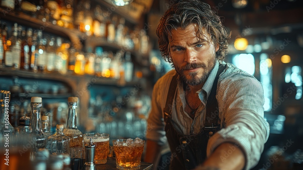 A handsome bartender with a beard and long hair, wearing a white shirt and leather apron, stands behind the bar in a dimly lit bar with shelves of liquor bottles behind him. A handsome bartender with a beard and long hair, wearing a white shirt and leather apron, stands behind the bar in a dimly lit bar with shelves of liquor bottles behind him.