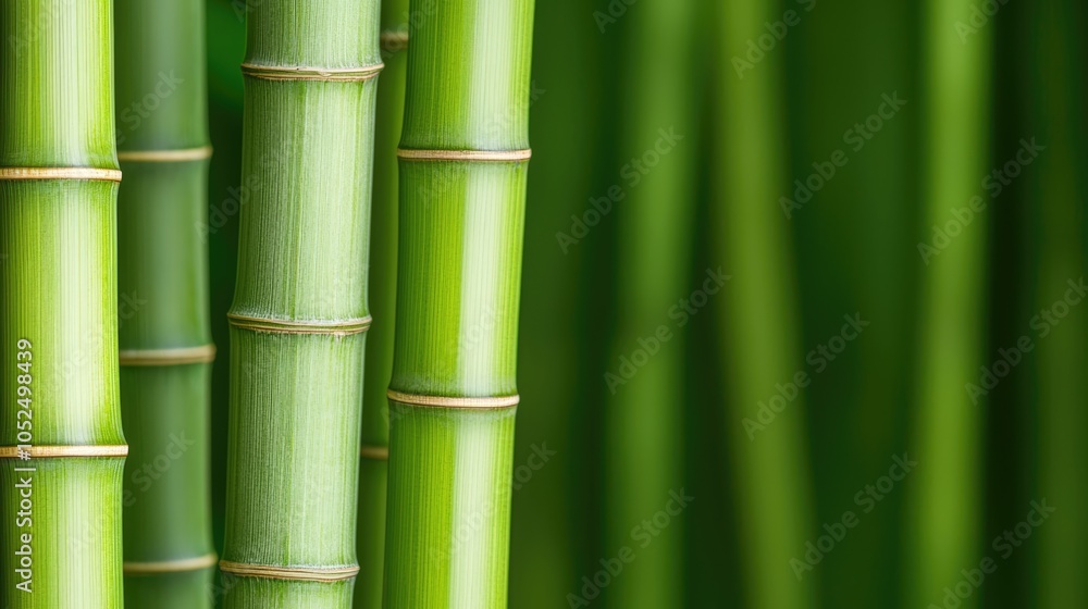 Fototapeta premium A close-up view of vibrant green bamboo stalks, showcasing their natural texture and arrangement against a blurred green background.