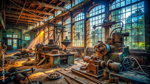 Surreal Depiction of Broken Metal Lathe and Mill Tools in a Dreamlike Workshop Environment