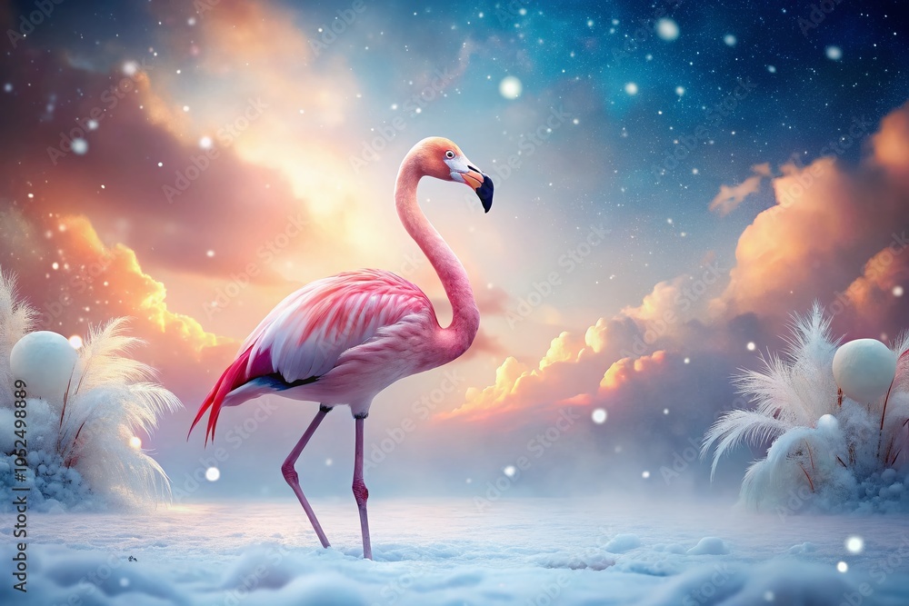 Fototapeta premium Surreal Flamingo in the Snow - A Dreamy Winter Landscape with Exotic Birds