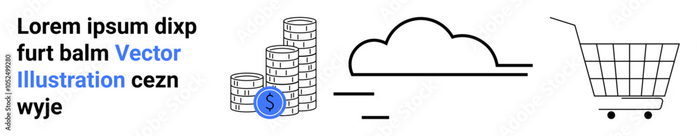 Shopping cart black cloud line art coin stacks symbolize e-commerce digital commerce financial growth. Ideal for e-commerce technology finance business online shopping concepts. Banner for landing Shopping cart black cloud line art coin stacks symbolize e-commerce digital commerce financial growth. Ideal for e-commerce technology finance business online shopping concepts. Banner for landing