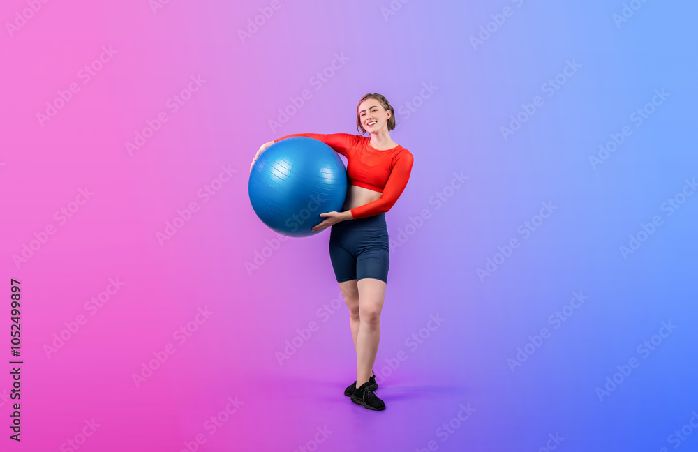 Full body length gaiety shot athletic and sporty young woman with fitness exercising ball in standing posture on isolated background. Healthy active and body care lifestyle. Full body length gaiety shot athletic and sporty young woman with fitness exercising ball in standing posture on isolated background. Healthy active and body care lifestyle.