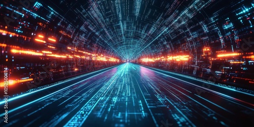 Vibrant digital tunnel representing fast data transfer in a futuristic environment