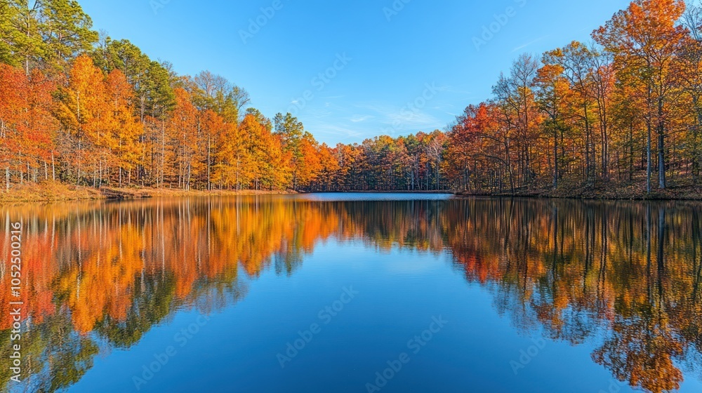 Fall Foliage Reflected in a Still Pond with Blue Sky Fall Foliage Reflected in a Still Pond with Blue Sky