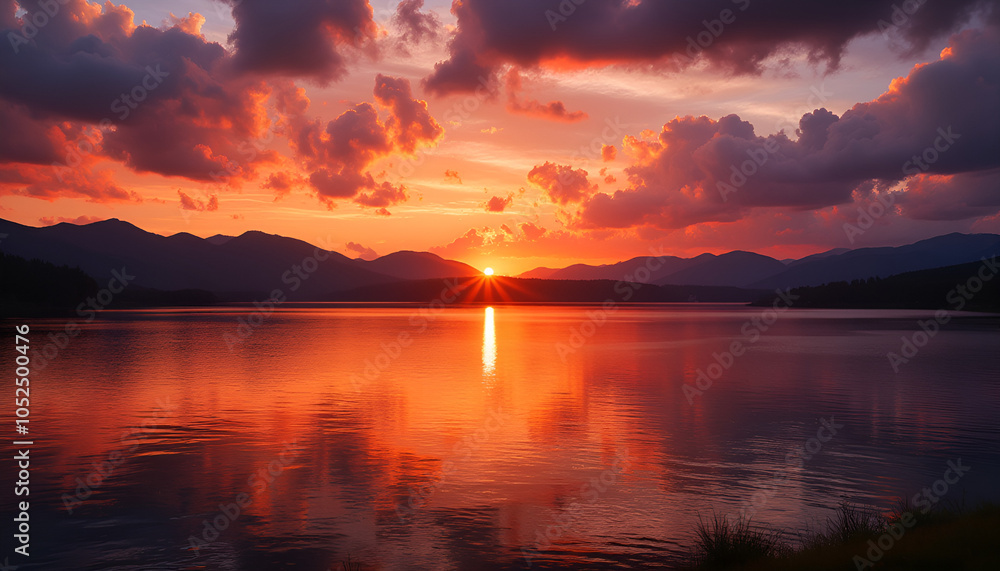 Stunning sunset over a tranquil lake reflecting colorful clouds and mountains Stunning sunset over a tranquil lake reflecting colorful clouds and mountains