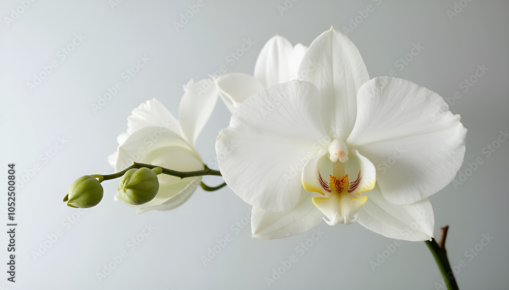 Elegant white orchid flower blooming against a soft gray background Elegant white orchid flower blooming against a soft gray background