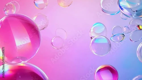 Floating bubbles of varying sizes illuminated by soft pink and purple light.