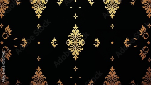 Luxurious gold floral pattern on black background, suitable for elegant designs and invitations with copy space