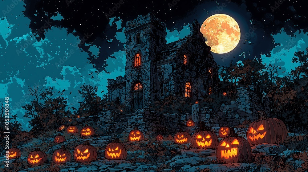 Fototapeta premium Haunted house on a hill, abandoned house with broken windows and rusty doors, in front of the house are carved pumpkins with scary faces and thick, misty shadows