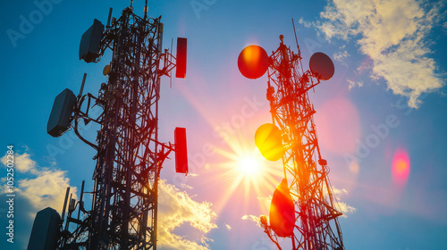 Abstract View of Cellular Base Station Towers with Vibrant Lens Flare on Sunny Day