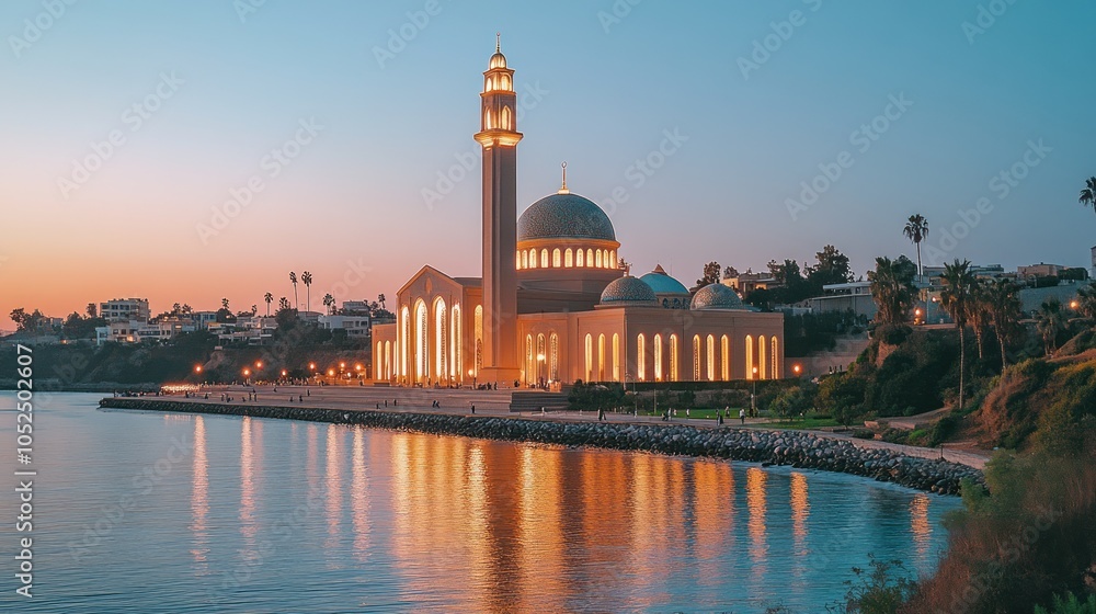 Obraz premium Illuminated mosque on the coast at sunset.