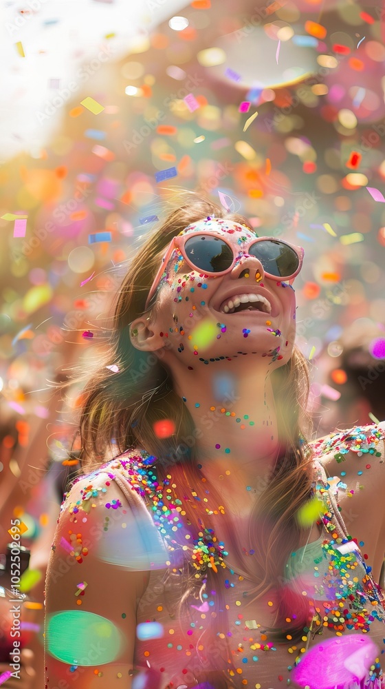 Happy Woman Covered in Confetti at a Celebration, New year s eve, Happy New year Happy Woman Covered in Confetti at a Celebration, New year s eve, Happy New year