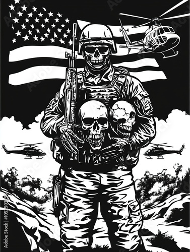 Create a design illustration depecting a military patch. Featuring A soldier holding with a skull head. Holding two heads of a terrorists, with a background of US flag and helicopters. generative ai photo