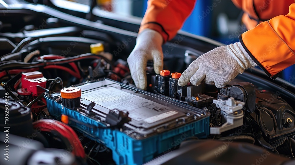 Obraz premium A technician works on an electric vehicle's battery pack, adjusting connections in a well-lit garage setting.