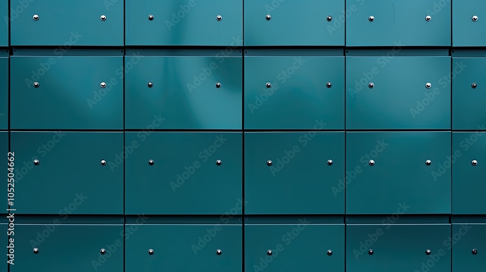 Rows of dark teal metal panels are seamlessly bolted together, creating a pattern of uniformity and industrial strength, suggesting modern architecture. Rows of dark teal metal panels are seamlessly bolted together, creating a pattern of uniformity and industrial strength, suggesting modern architecture.