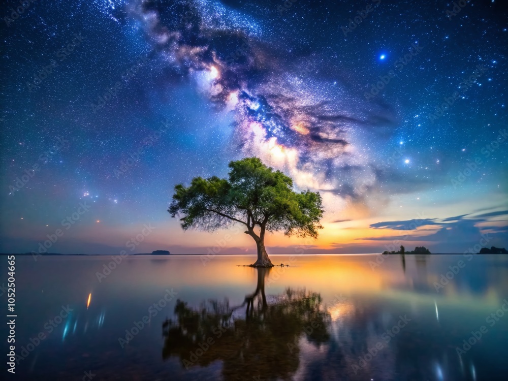Timelapse Milky Way Over Isolated Tree in Mahachai Bay, Samut Sakhon, Thailand - Starry Night Photography Timelapse Milky Way Over Isolated Tree in Mahachai Bay, Samut Sakhon, Thailand - Starry Night Photography