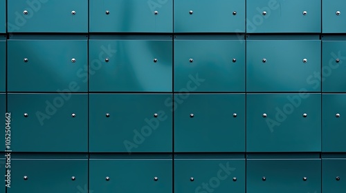 Rows of dark teal metal panels are seamlessly bolted together, creating a pattern of uniformity and industrial strength, suggesting modern architecture.