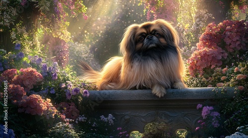 Pekingese Dog Posing in a Flower Garden