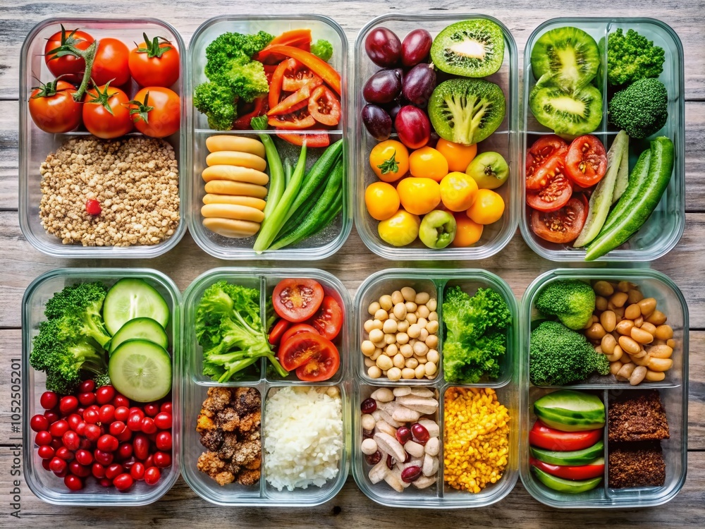 Top-View Drone Photography of Meal Prep Containers with Fresh Vegetables and Balanced Diet Options for Healthy Eating Top-View Drone Photography of Meal Prep Containers with Fresh Vegetables and Balanced Diet Options for Healthy Eating