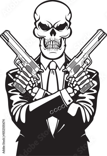 Human skeleton with crossed arms holding two automatic pistols