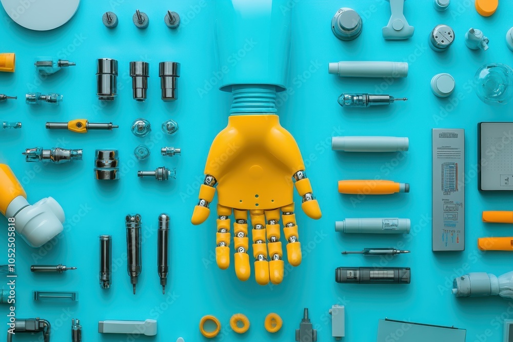 Unique flat lay composition of a robotic hand and various engineering tools on a blue background Unique flat lay composition of a robotic hand and various engineering tools on a blue background