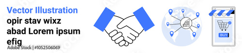 Handshake symbolizes collaboration, network graphic represents global connection, and smartphone with shopping cart icon highlights e-commerce. Ideal for business, partnership, technology