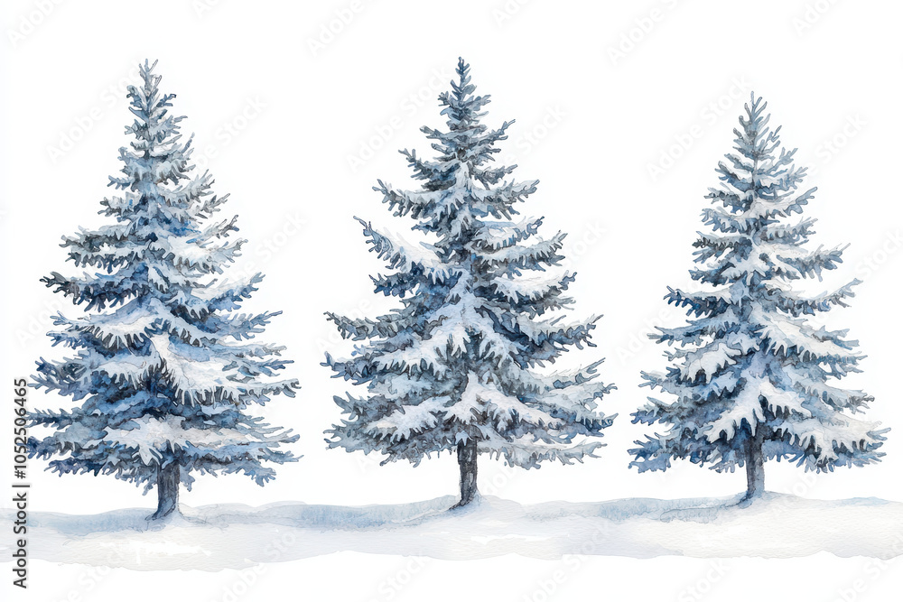 Obraz premium Three snow-covered evergreen trees stand in a serene winter landscape, showcasing a tranquil and picturesque scene.