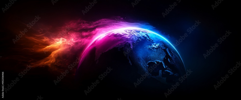 Obraz premium Earth glowing in vibrant colors with cosmic clouds.