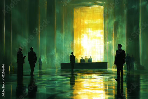 Abstract visualization of G2B, with government officials offering a contract to a business representative in a formal setting.