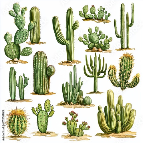 Collection of watercolor illustrations of various cacti and succulents. photo