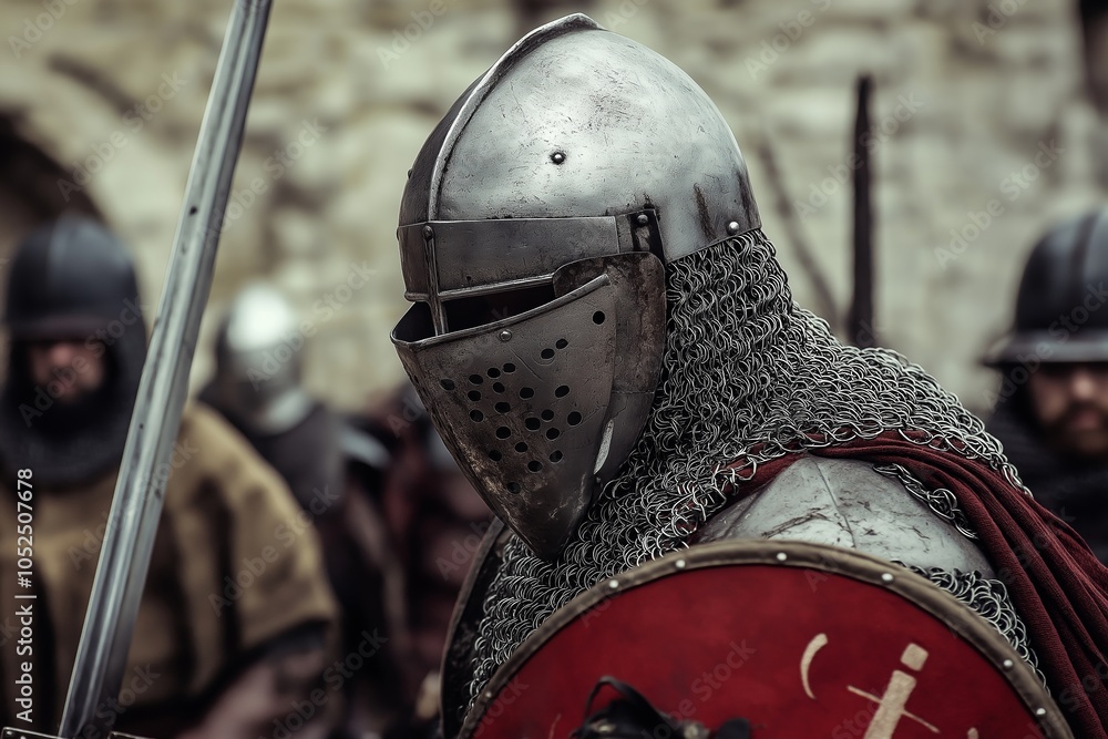 Naklejka premium A resolute medieval knight in chain mail, battle-ready and poised, exuding strength and determination.