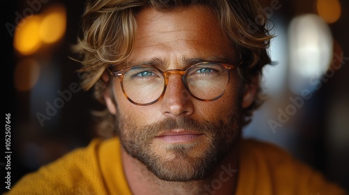 A man with wavy hair and glasses gazes thoughtfully, illuminated by warm light in a cozy setting