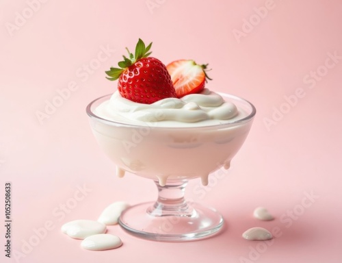 strawberry close-up in a glass saucer yogurt sour cream