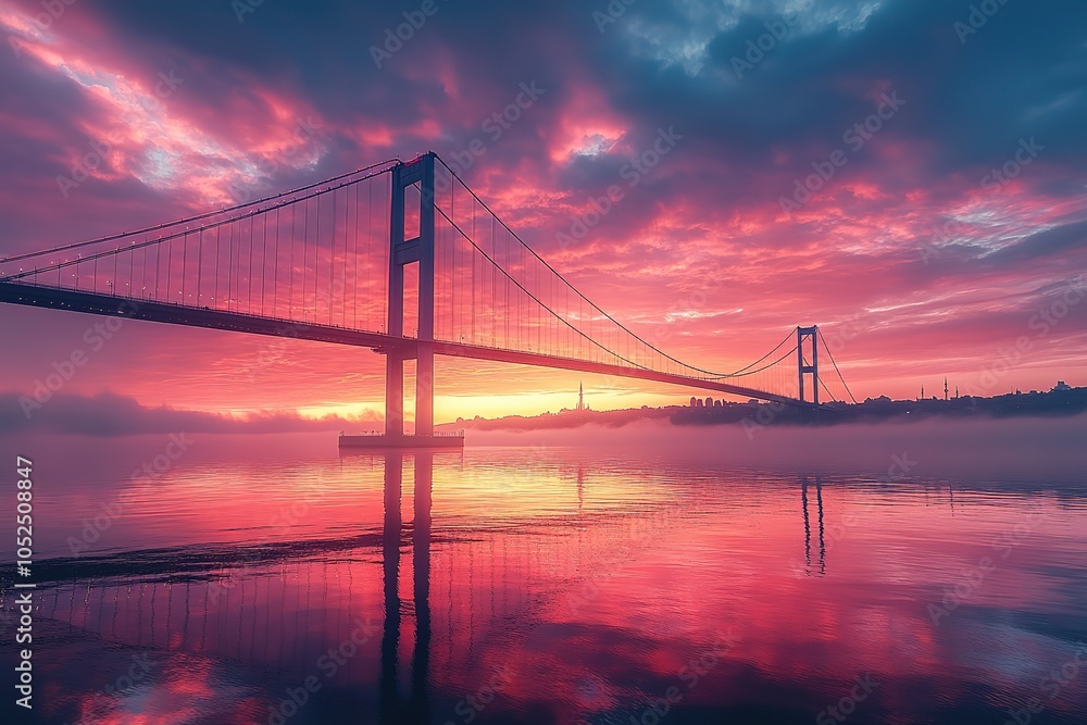 A majestic suspension bridge stretches across a body of water beneath a vibrant, pink and purple sunset. A majestic suspension bridge stretches across a body of water beneath a vibrant, pink and purple sunset.