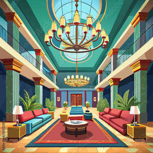 A grand and elegant interior design of a luxury hotel lobby. The high ceilings, marble columns, and ornate chandeliers create an atmosphere of opulence and sophistication.