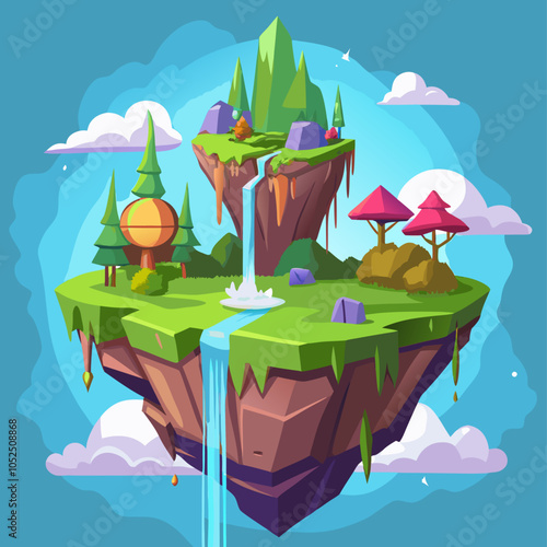 A whimsical vector illustration of a floating island with a waterfall, lush greenery, and whimsical trees. This design is perfect for adding a magical touch to your projects. photo