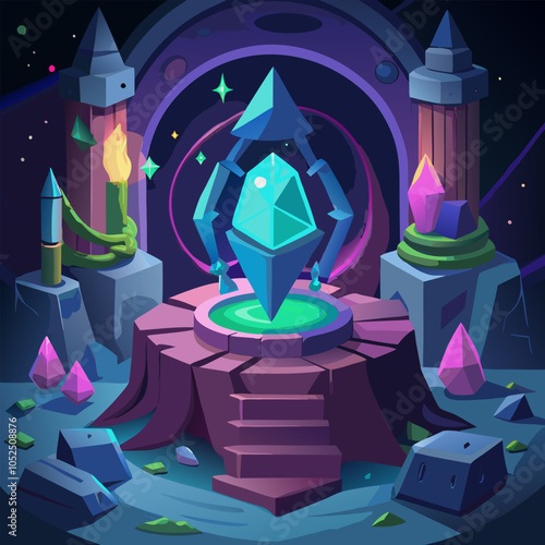 A mystical scene with a glowing blue crystal, surrounded by magical elements like glowing orbs and a stone archway. This fantasy illustration is perfect for game design, NFT projects.