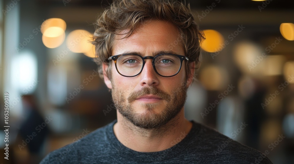 Casual portrait of a man with glasses in a coffee shop during the late afternoon Casual portrait of a man with glasses in a coffee shop during the late afternoon