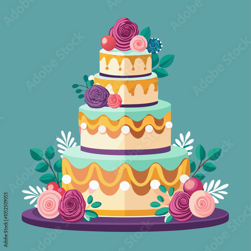 A festive and delicious multi-tiered wedding cake with floral decorations and a golden drip icing, perfect for adding a touch of elegance to your designs.