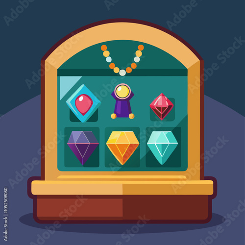 A colorful illustration of a jewelry display case with a necklace and several gemstones, perfect for adding a touch of elegance to your designs. This vector illustration is ideal for retail.