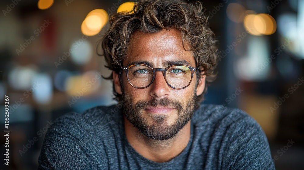 A young man with curly hair and glasses smiles warmly at a cozy café during the afternoon, creating an inviting atmosphere A young man with curly hair and glasses smiles warmly at a cozy café during the afternoon, creating an inviting atmosphere