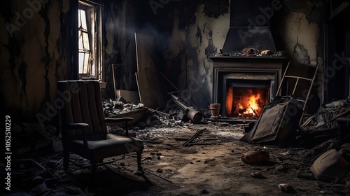 A hauntingly abandoned room with charred walls and scattered debris, illuminated by a flickering fire in a fireplace.