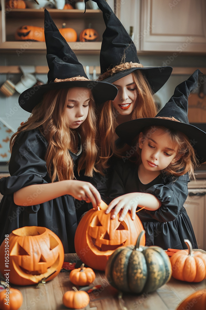 Mother with her daughters dressed as witches carving pumpkins for Halloween celebration in her kitchen. Concept of Halloween preparation, togetherness and happiness. Mother with her daughters dressed as witches carving pumpkins for Halloween celebration in her kitchen. Concept of Halloween preparation, togetherness and happiness.