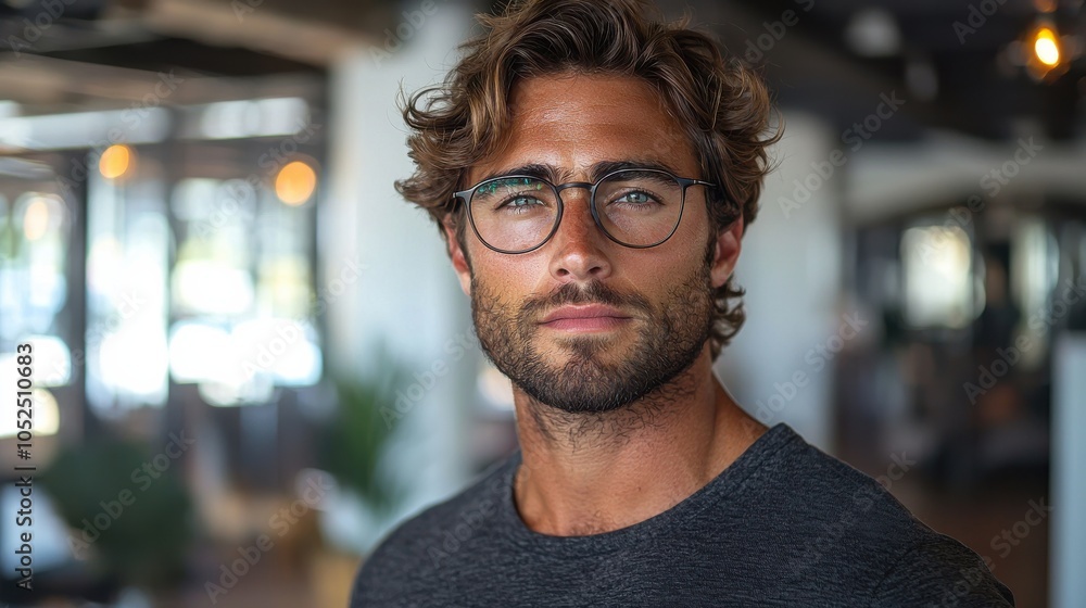 Young man with curly hair and glasses poses confidently indoors in a stylish cafe setting during the day Young man with curly hair and glasses poses confidently indoors in a stylish cafe setting during the day