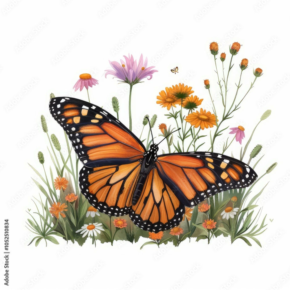 Beautiful monarch butterfly with open wings resting on wildflowers in a summer meadow Beautiful monarch butterfly with open wings resting on wildflowers in a summer meadow
