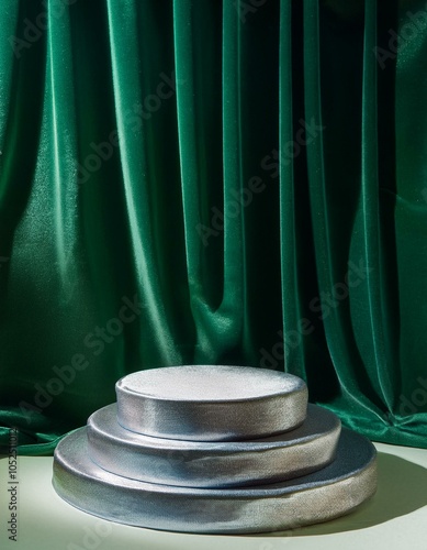 Silver Podium with Green Velvet Curtains photo