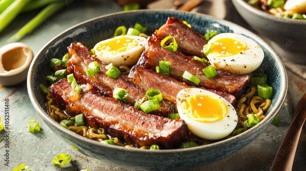 Delicious Bowl of Ramen with Tender Beef and Eggs