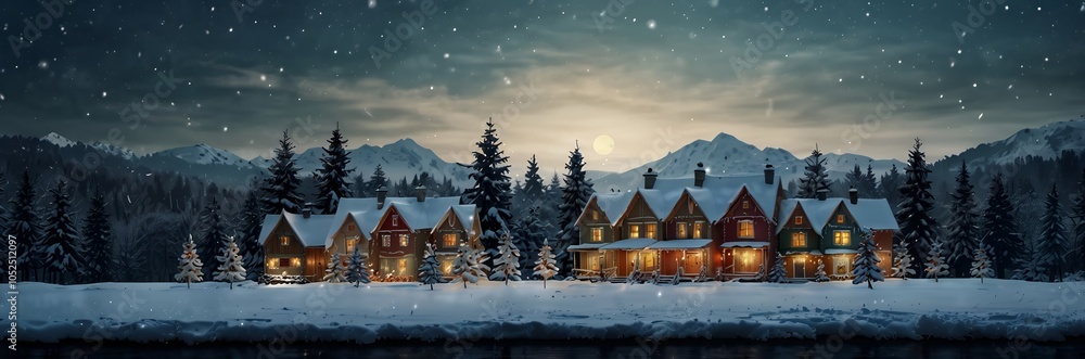 Fototapeta premium Christmas winter night background of village