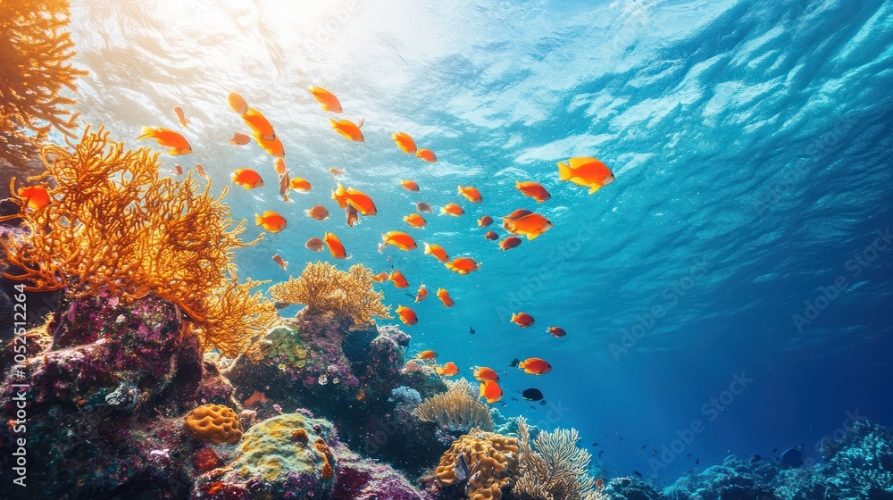 Obraz premium A vibrant coral reef teeming with life, bathed in sunlight, showcasing the beauty of the underwater world.