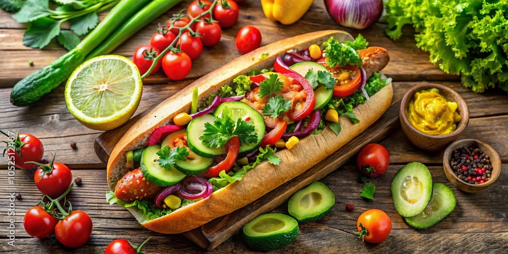 Veggie Hot Dog with Relish and Vegan Toppings on a Rustic Table – Healthy Plant-Based Meal Veggie Hot Dog with Relish and Vegan Toppings on a Rustic Table – Healthy Plant-Based Meal